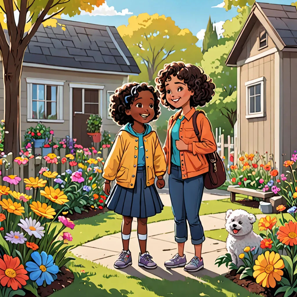 two girls standing in a garden with a dog in front of them and a house in the background with flowers, american scene painting, a storybook illustration, Constance Gordon-Cumming, promotional image