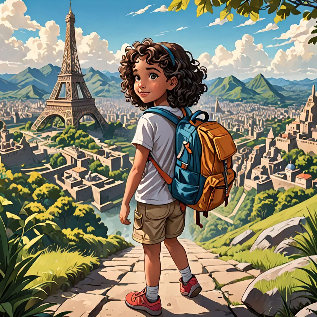 a young boy with a backpack standing in front of the eiffel tower in paris, france, with a cityscape in the background, paris school, a storybook illustration, Chris LaBrooy, rossdraws global illumination