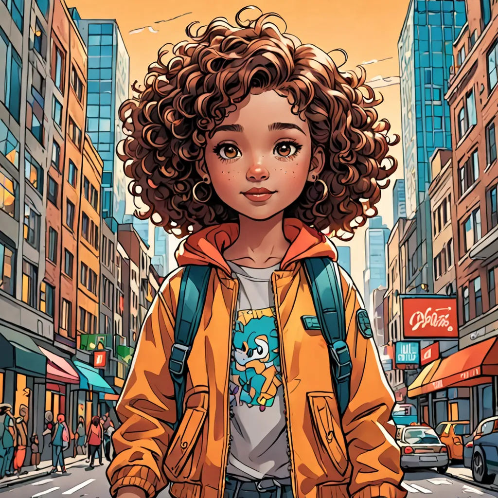 a young girl with curly hair is walking down the street in a city with tall buildings and tall buildings, photorealism, a comic book panel, Cliff Childs, comic cover art