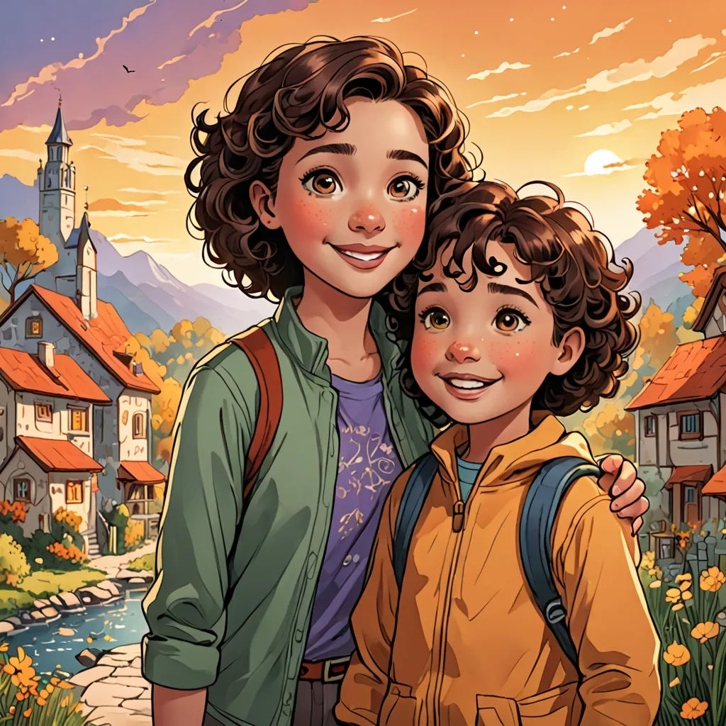 a boy and girl are standing in front of a village with a river and a church on the hill, paris school, a storybook illustration, Diego Gisbert Llorens, comic cover art