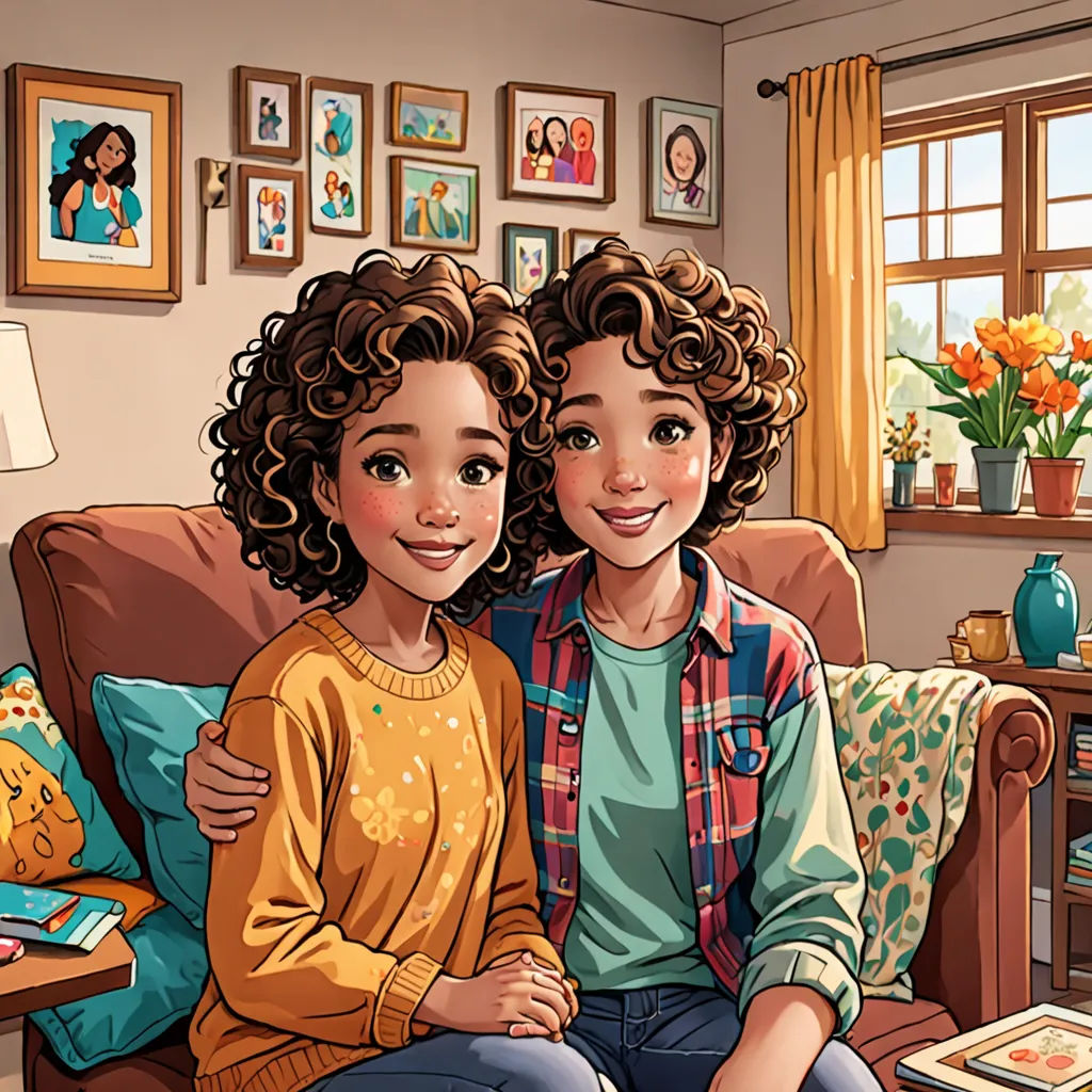 a couple of people sitting on a couch in a room with pictures on the wall and a table with a vase, american scene painting, a comic book panel, Ada Gladys Killins, official art