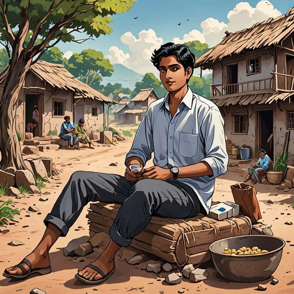 a man sitting on a piece of luggage in front of a village with a bowl of food in front of him, samikshavad, a character portrait, Bikash Bhattacharjee, jayison devadas
