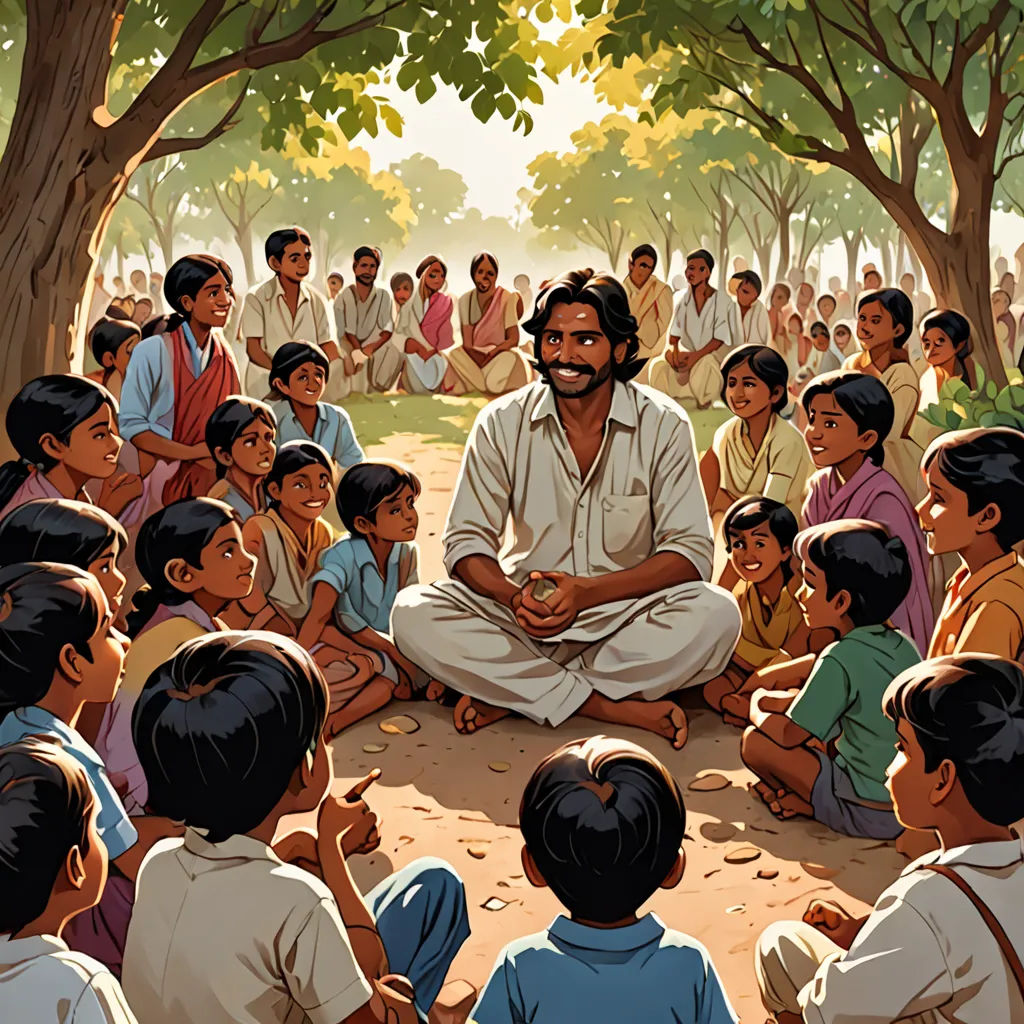a man sitting in front of a group of children in a forest with a man in the middle of the group, samikshavad, a storybook illustration, Bapu, official art