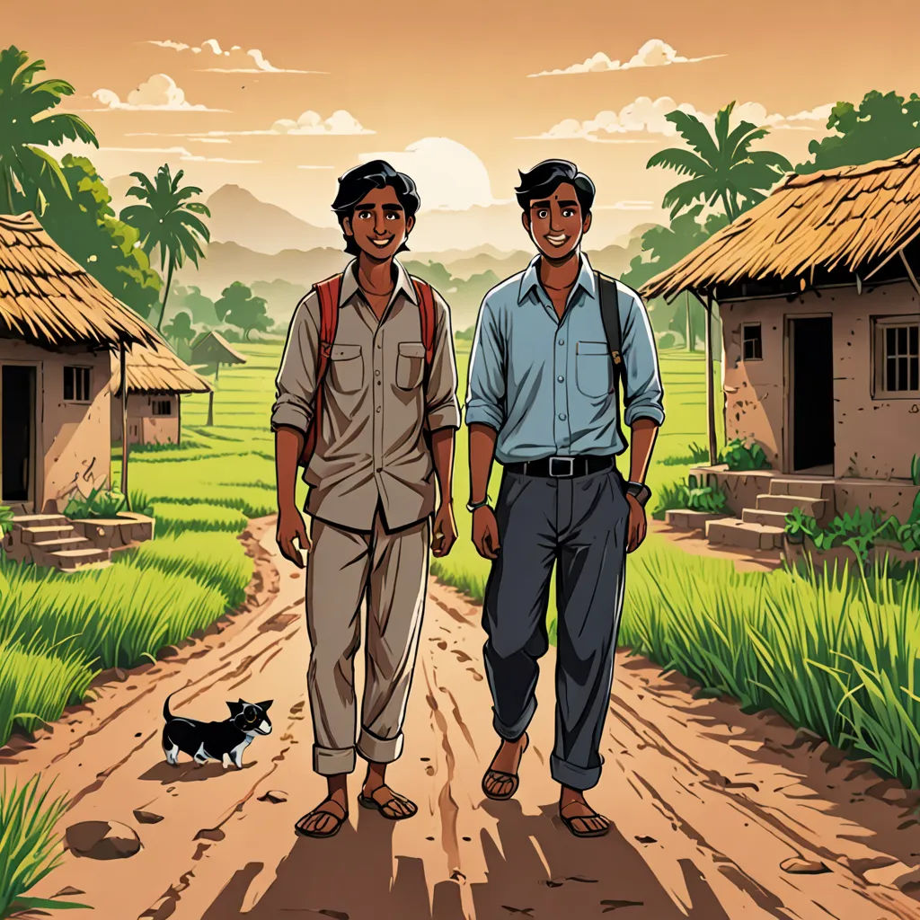 two men walking down a dirt road with a dog on the side of the road and a hut on the other side, samikshavad, a storybook illustration, Brothers Hildebrandt, graphic novel