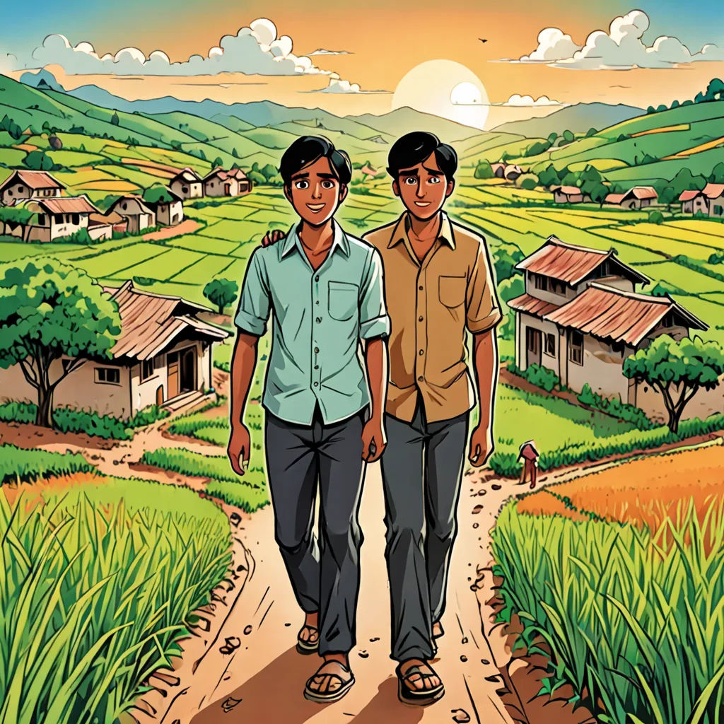 two men walking down a dirt road in front of a green field and a village with houses on the horizon, samikshavad, a storybook illustration, Bhupen Khakhar, graphic novel