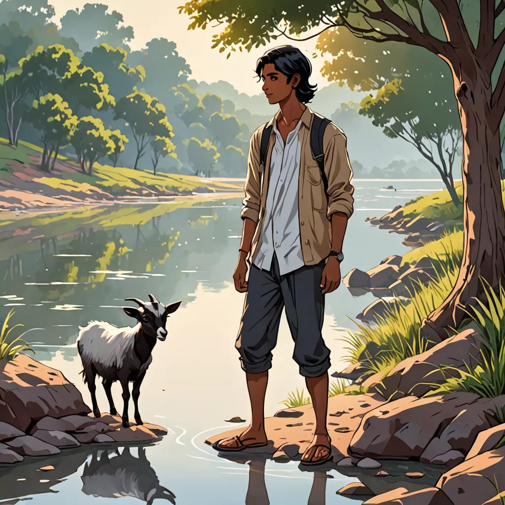 a man standing next to a goat near a river and a forest with rocks and trees on the shore, environmental art, a character portrait, Asaf Hanuka, promotional image