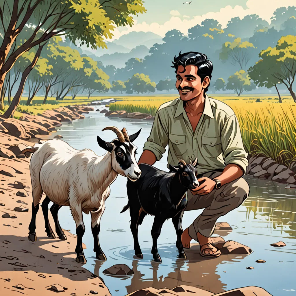 a man kneeling down next to a goat near a river and a field with trees and grass on the other side of the river, samikshavad, a storybook illustration, Bhupen Khakhar, comic cover art
