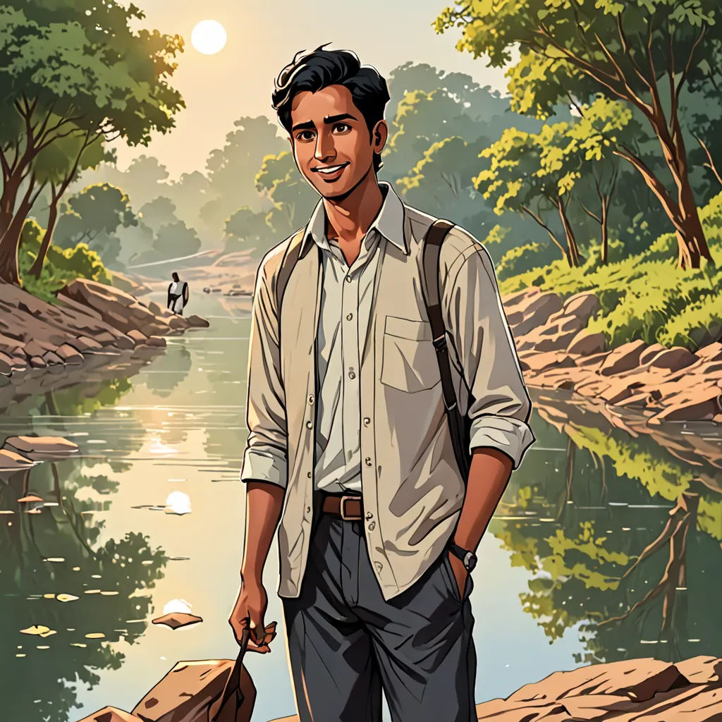 a man standing on a rock next to a river with a bird flying over it and a bird flying over the water, samikshavad, a character portrait, Bikash Bhattacharjee, promotional image