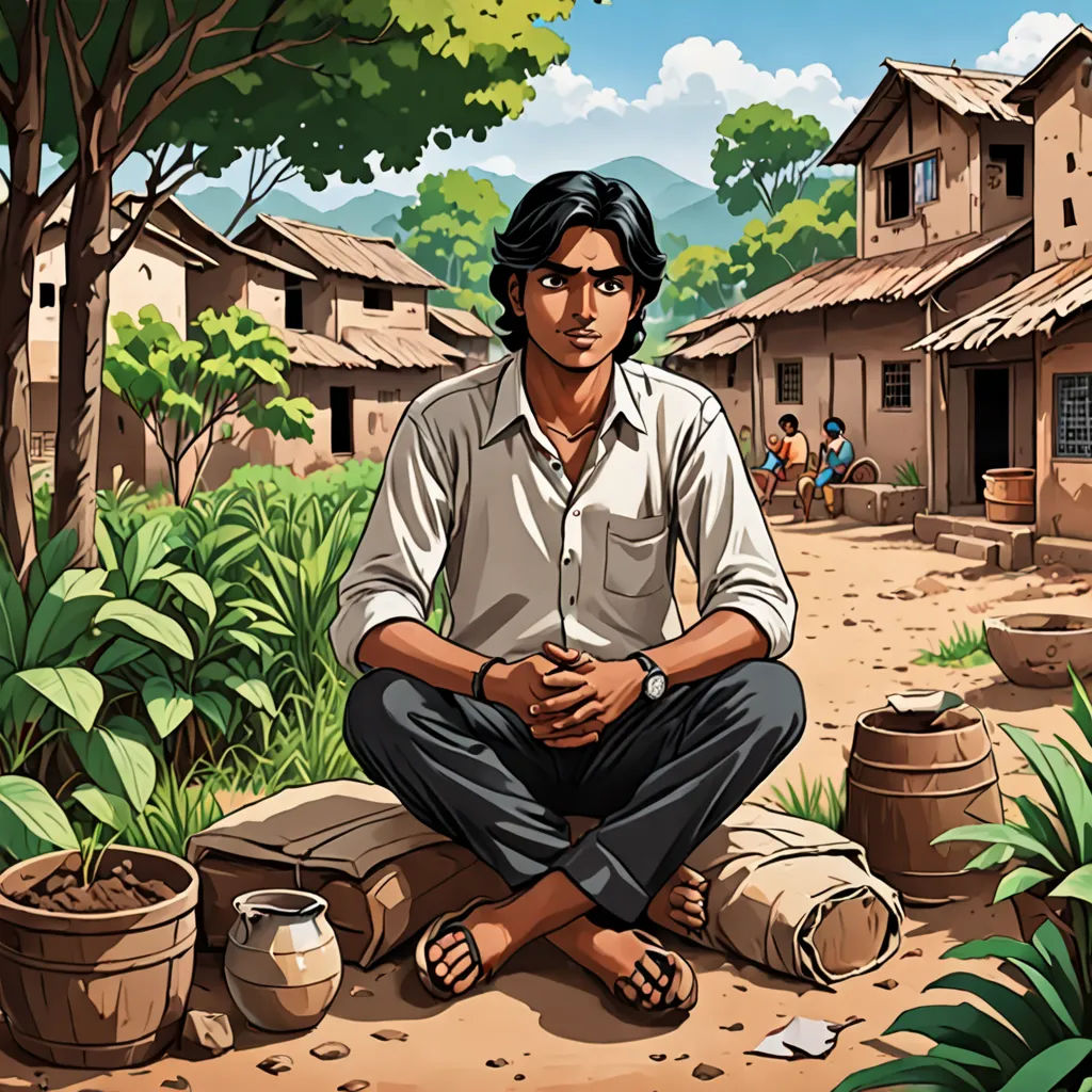 a man sitting on a log in a village with a lot of trees and plants around him and a few people in the background, samikshavad, a character portrait, Bhupen Khakhar, promotional image