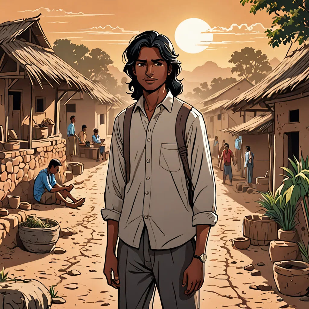 a man standing in a village with a sunset in the background and people on the street in the background, serial art, a character portrait, Cedric Seaut (Keos Masons), comic cover art