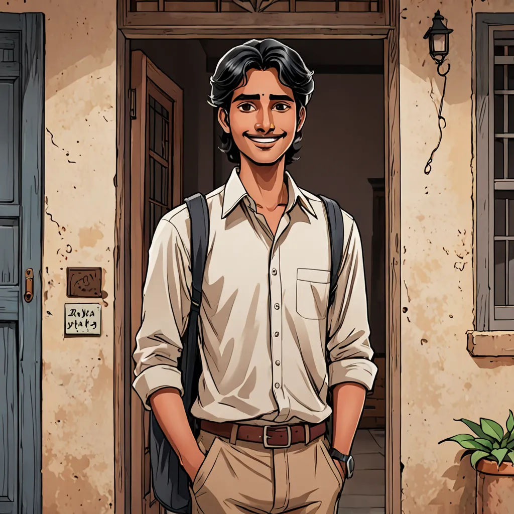 a man standing in front of a doorway with a backpack on his back and a potted plant in front of him, bengal school of art, a character portrait, Bikash Bhattacharjee, jayison devadas
