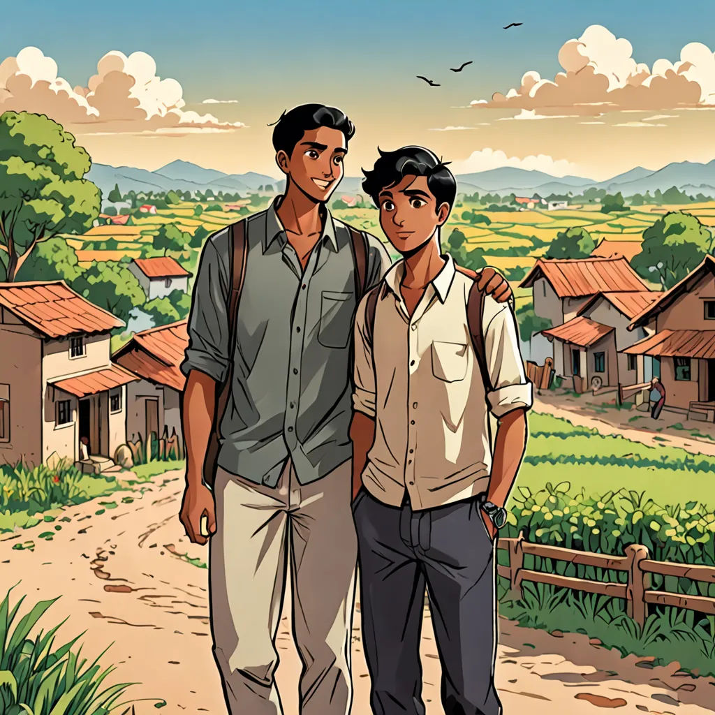 two men standing next to each other on a dirt road near a village and a bird flying overhead in the sky, samikshavad, a comic book panel, Asaf Hanuka, official art
