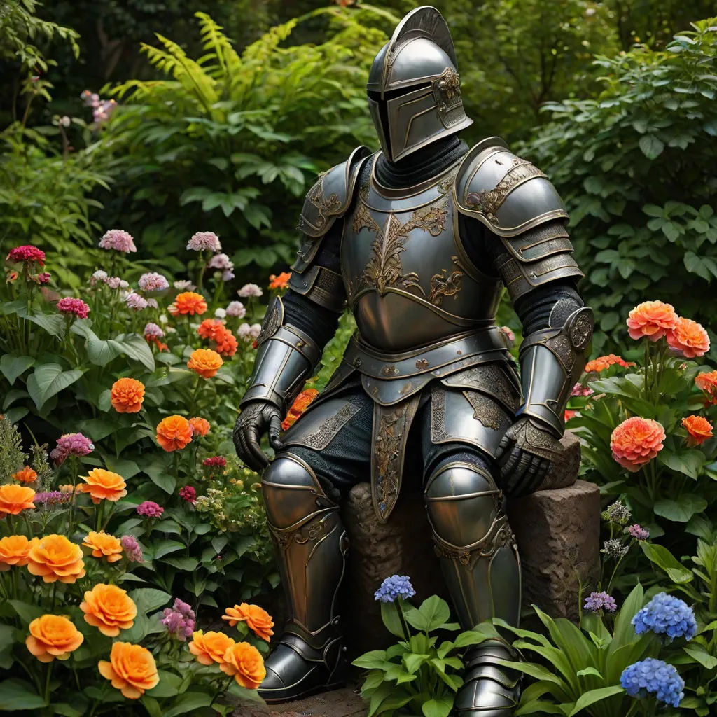 a statue of a knight sitting on a rock in a garden of flowers and plants with a background of orange and pink flowers, fantasy art, a statue, Andries Stock, armor