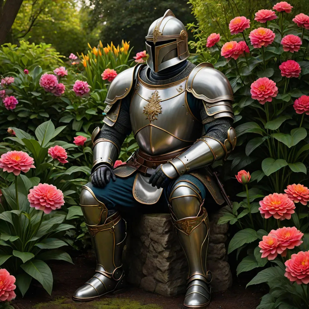 a knight sitting on a rock in a garden with flowers and a statue of a knight in armor in front of a garden, fantasy art, an album cover, Anne Geddes, dark souls