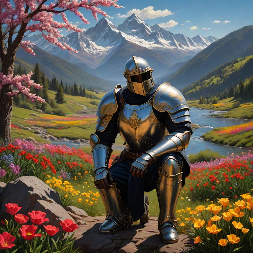 a painting of a knight sitting on a rock in a field of flowers and trees with a mountain in the background, sots art, an album cover, Edmund Leighton, magic the gathering artwork