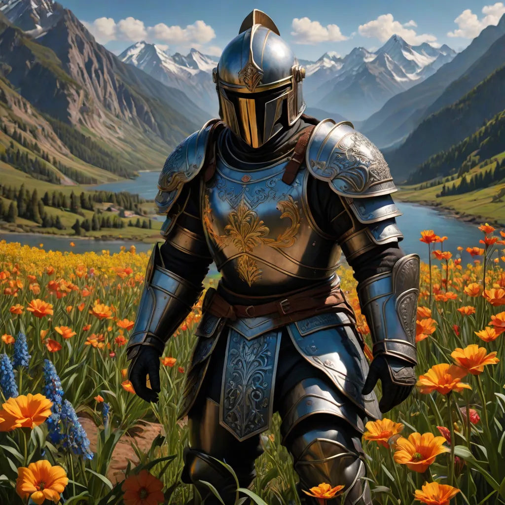 a painting of a knight in a field of flowers with mountains in the background and a lake in the foreground, fantasy art, a fine art painting, Clint Cearley, fantasy artwork