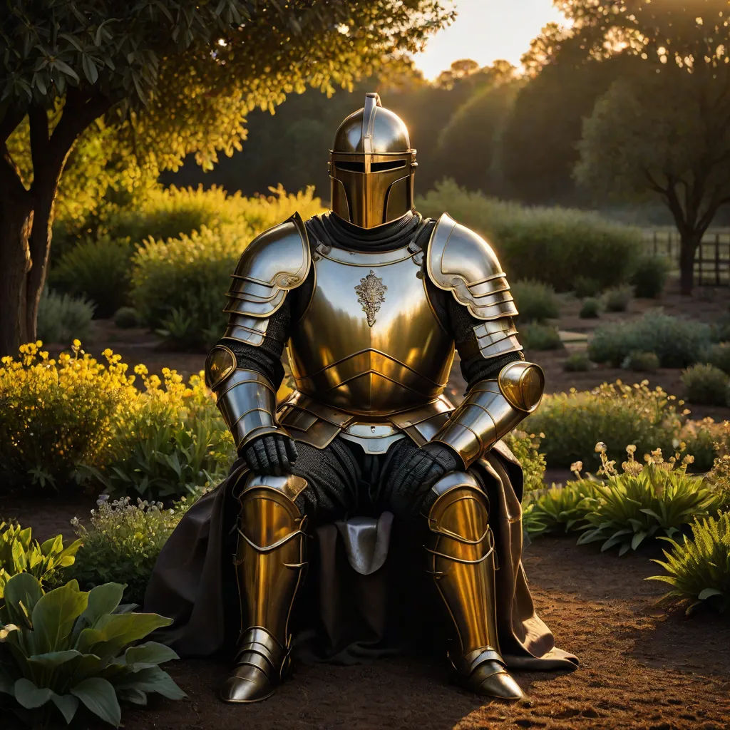 a knight sitting on a bench in a garden at sunset with the sun shining behind him and the trees and bushes, renaissance, a stock photo, Daryush Shokof, medieval