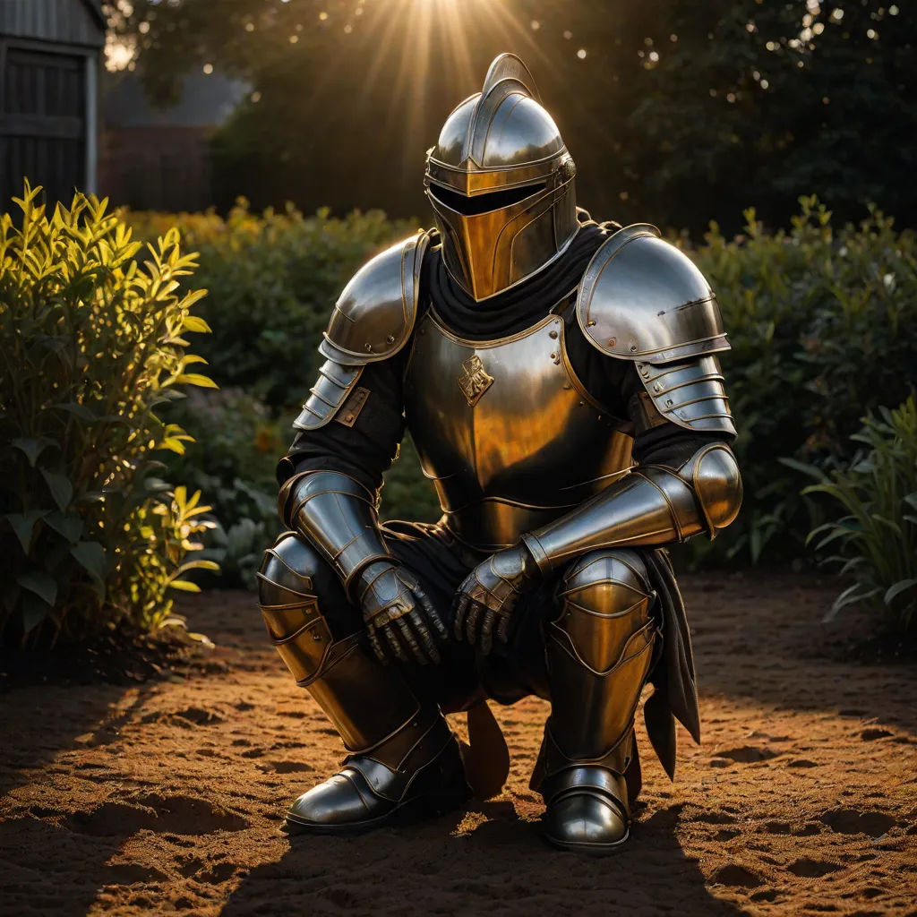 a knight in a suit of armor sitting on a dirt ground in front of bushes and trees with the sun shining behind him, antipodeans, a stock photo, Daryush Shokof, armor