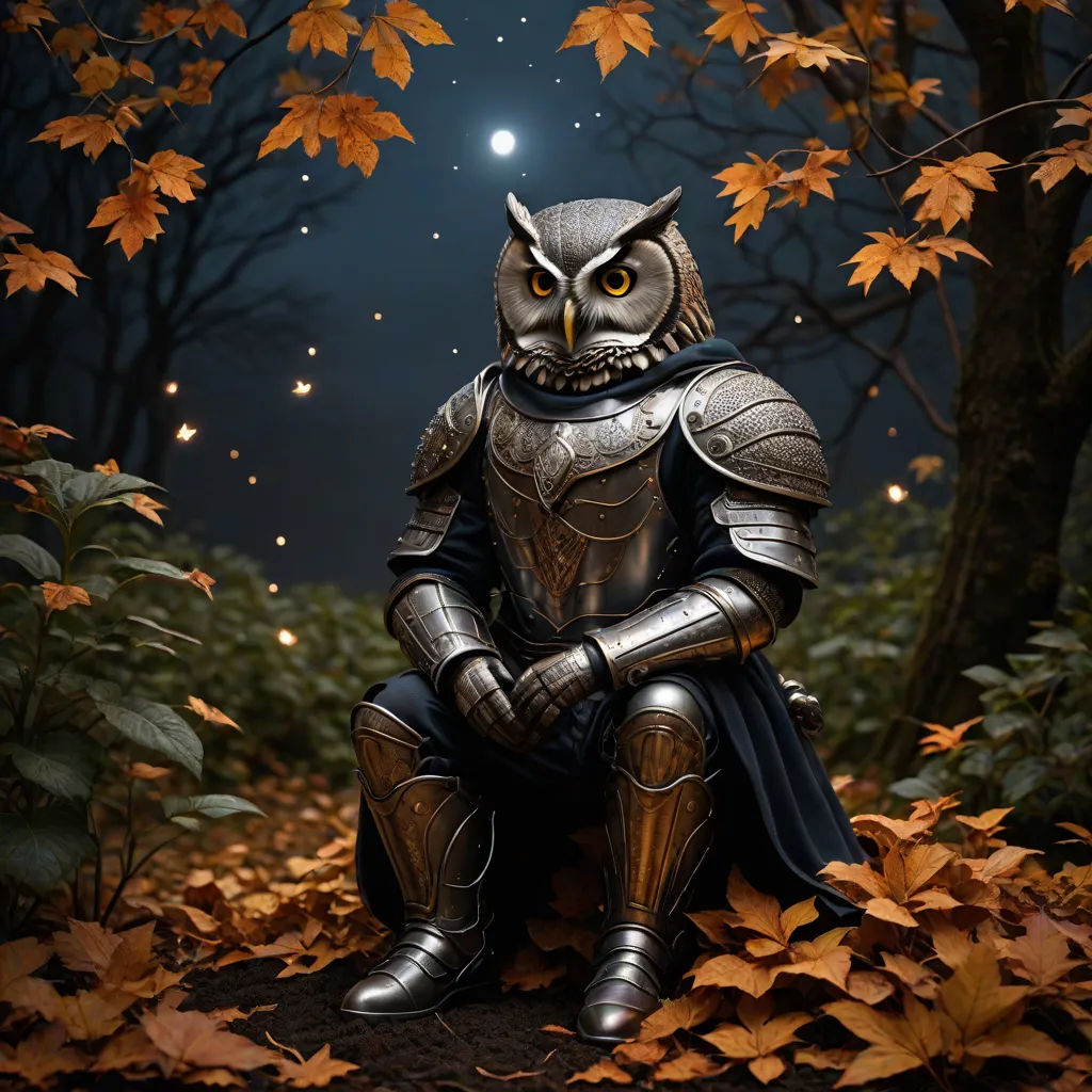 a statue of a knight sitting on a pile of leaves in a forest with a full moon in the background, fantasy art, an album cover, Artur Tarnowski, armor