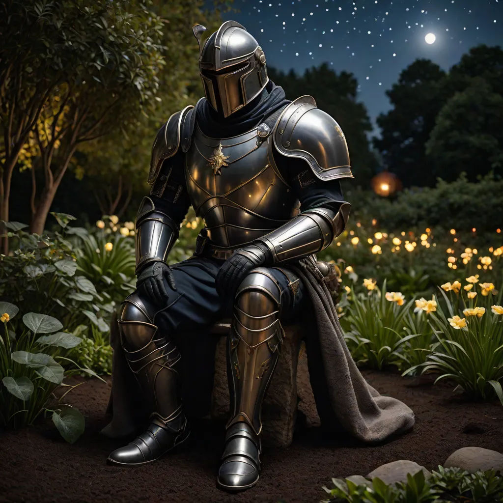 a knight sitting on a bench in a garden at night with a full moon in the background and a star lit sky, fantasy art, an album cover, Anne Stokes, medieval