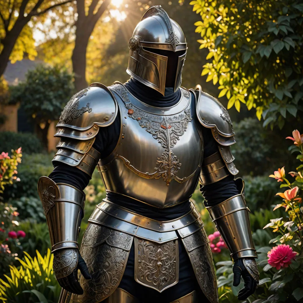 a knight in a suit of armor standing in a garden with flowers and trees in the background, with the sun shining through the trees, antipodeans, a stock photo, Andries Stock, armor