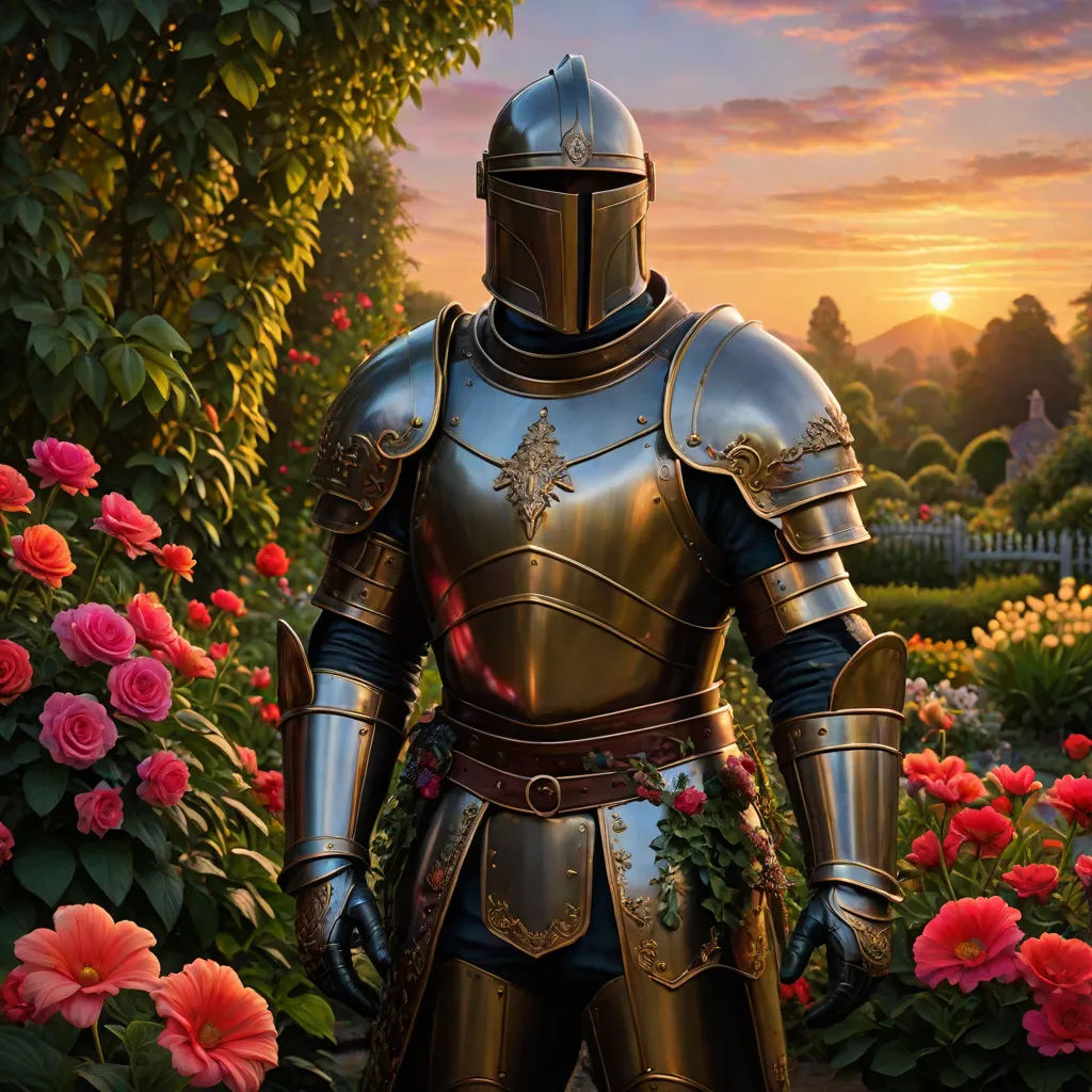 a painting of a knight in a garden at sunset with flowers and a fence in the background and a sunset behind him, fantasy art, a character portrait, Anne Stokes, fantasy artwork