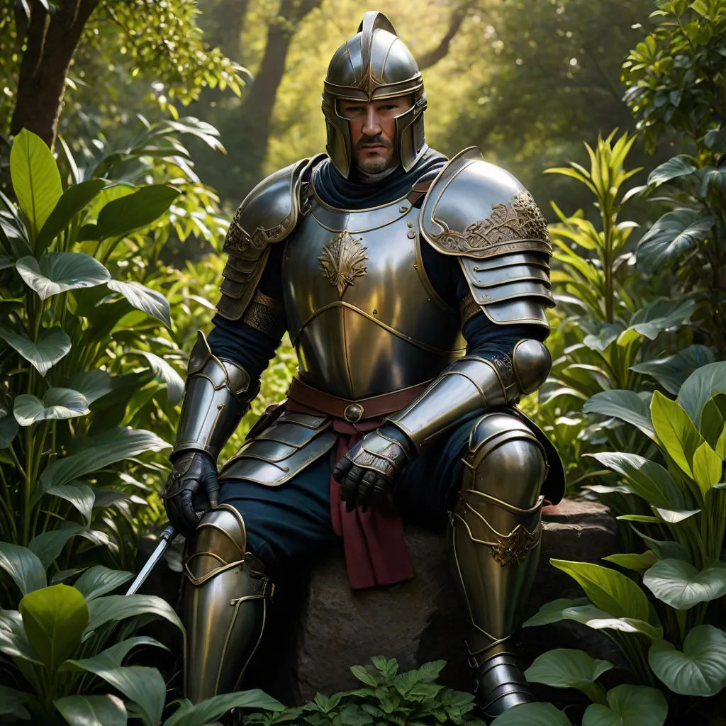 a man in a suit of armor sitting on a rock in a forest with trees and bushes behind him, antipodeans, a character portrait, Dai Jin, medieval