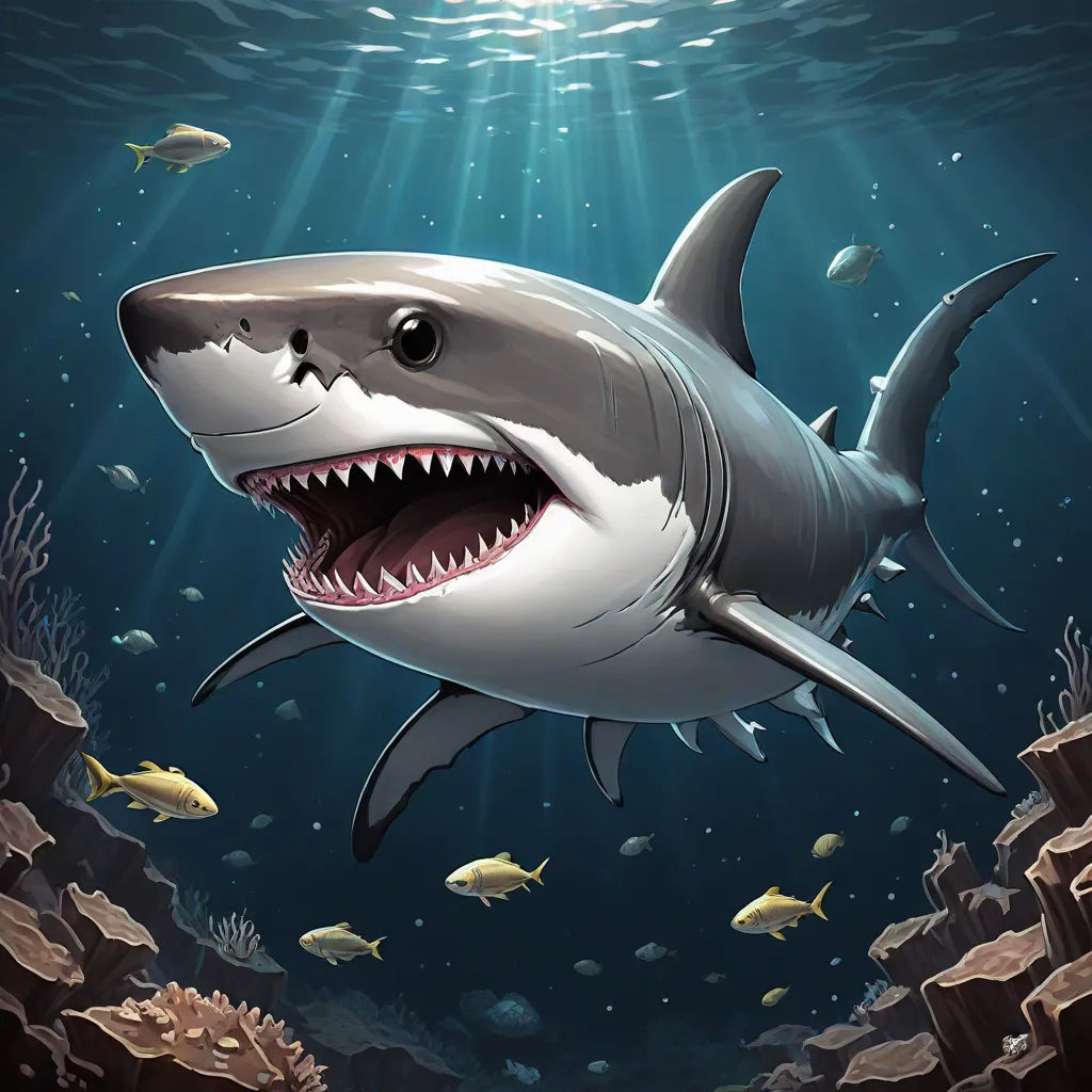 a shark with its mouth open and a fish swimming in the water below it, with a light shining on the water, Cyril Rolando, photorealism, a digital painting, highly detailed digital painting
