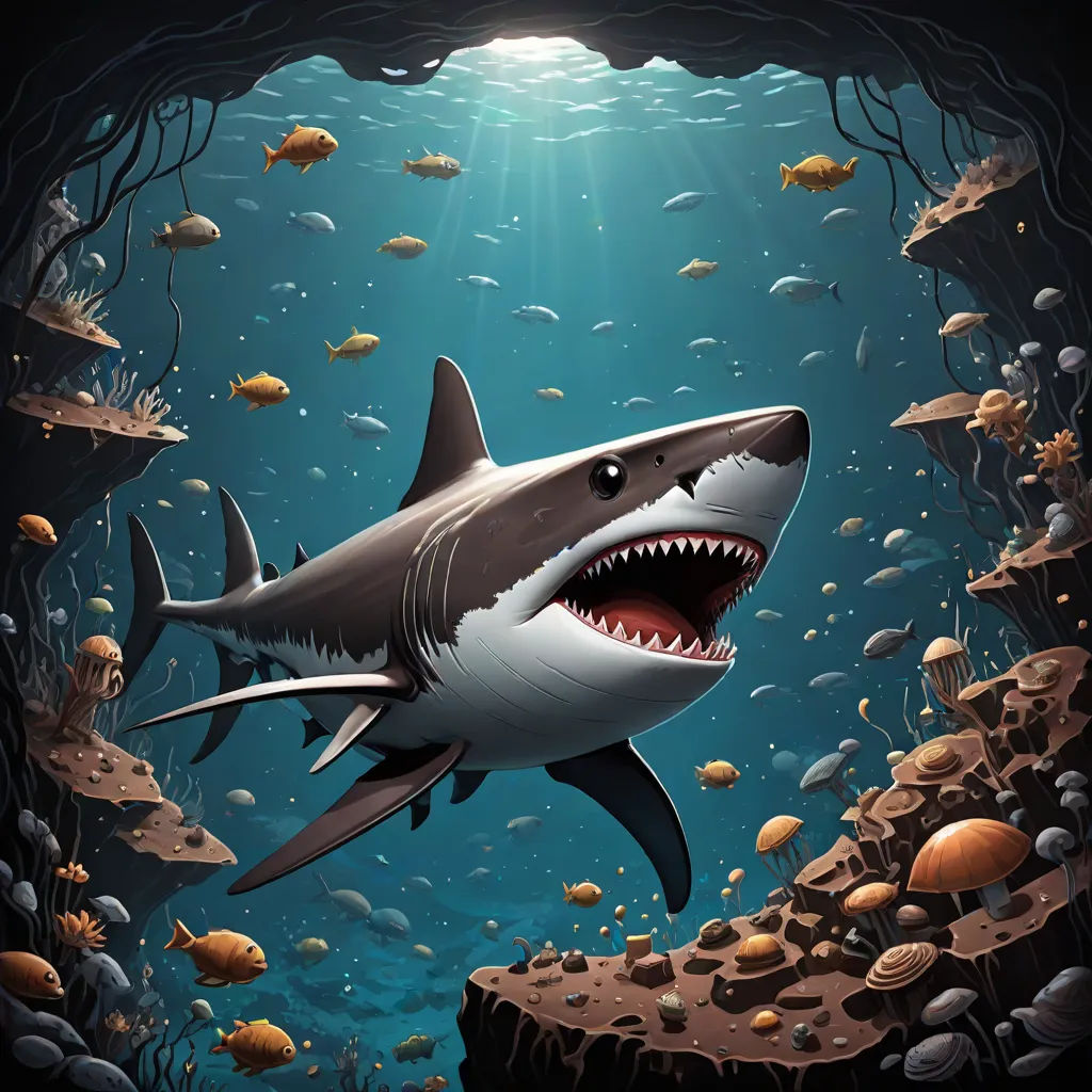 a shark with its mouth open in a cave with fish and corals on the bottom of the water, Cyril Rolando, pop surrealism, a storybook illustration, highly detailed digital painting