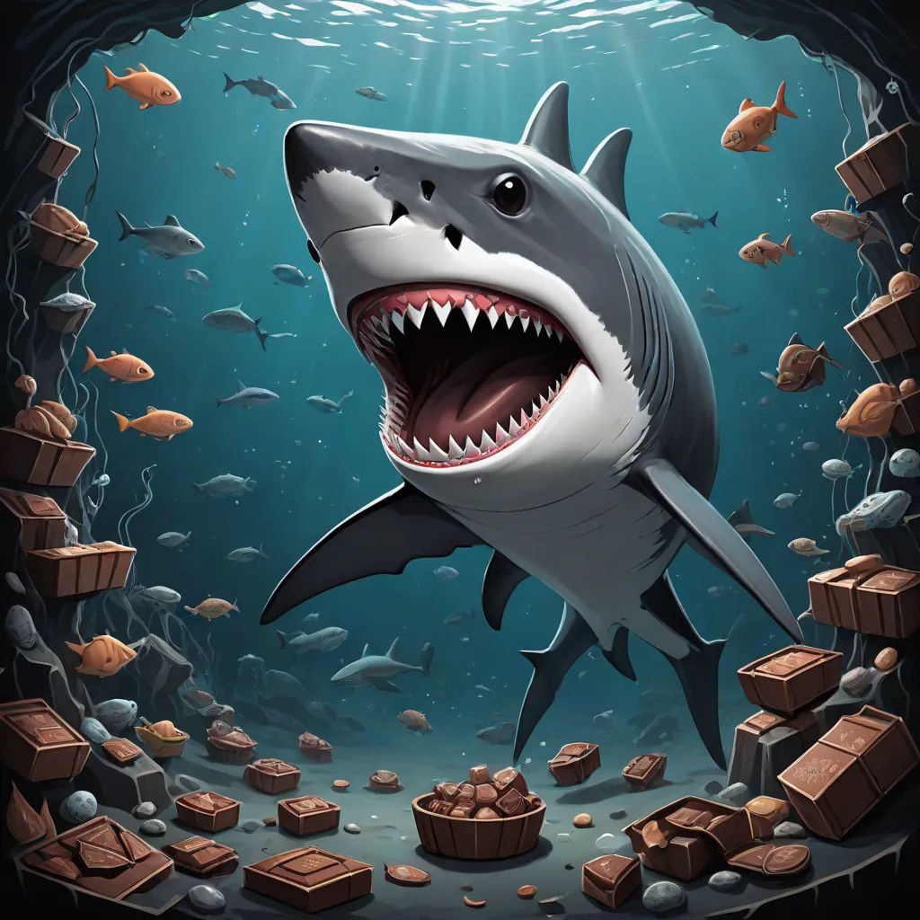 a shark with its mouth open and a shark inside of it with its mouth open and a box of chocolate in the water, Chris LaBrooy, pop surrealism, poster art, 2 d game art