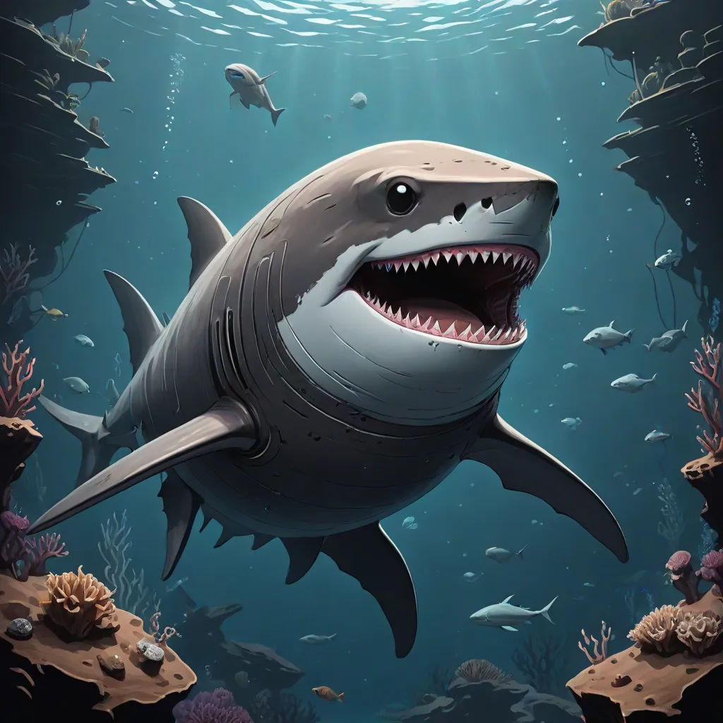 a shark with its mouth open and a large toothy shark in the background with other fish in the water, Dan Mumford, shock art, a digital painting, highly detailed digital painting