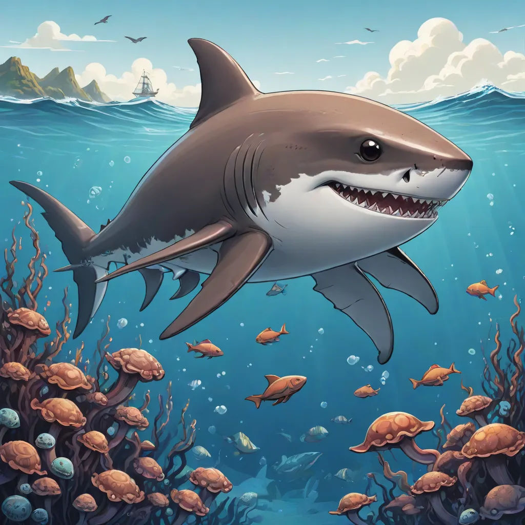 a shark swimming in the ocean with a lighthouse in the background illustration by alex krapfke for the children's book, the little mermaid, Chris LaBrooy, pop surrealism, an illustration of, highly detailed digital painting