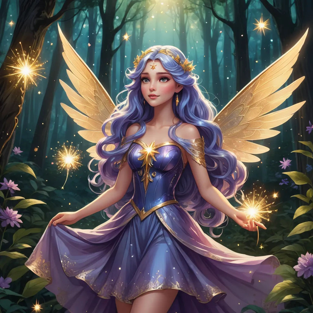a fairy with blue hair and a purple dress in the woods with stars on her wings and a purple dress with a gold crown, fantasy art, a detailed painting, Anne Stokes, rossdraws global illumination