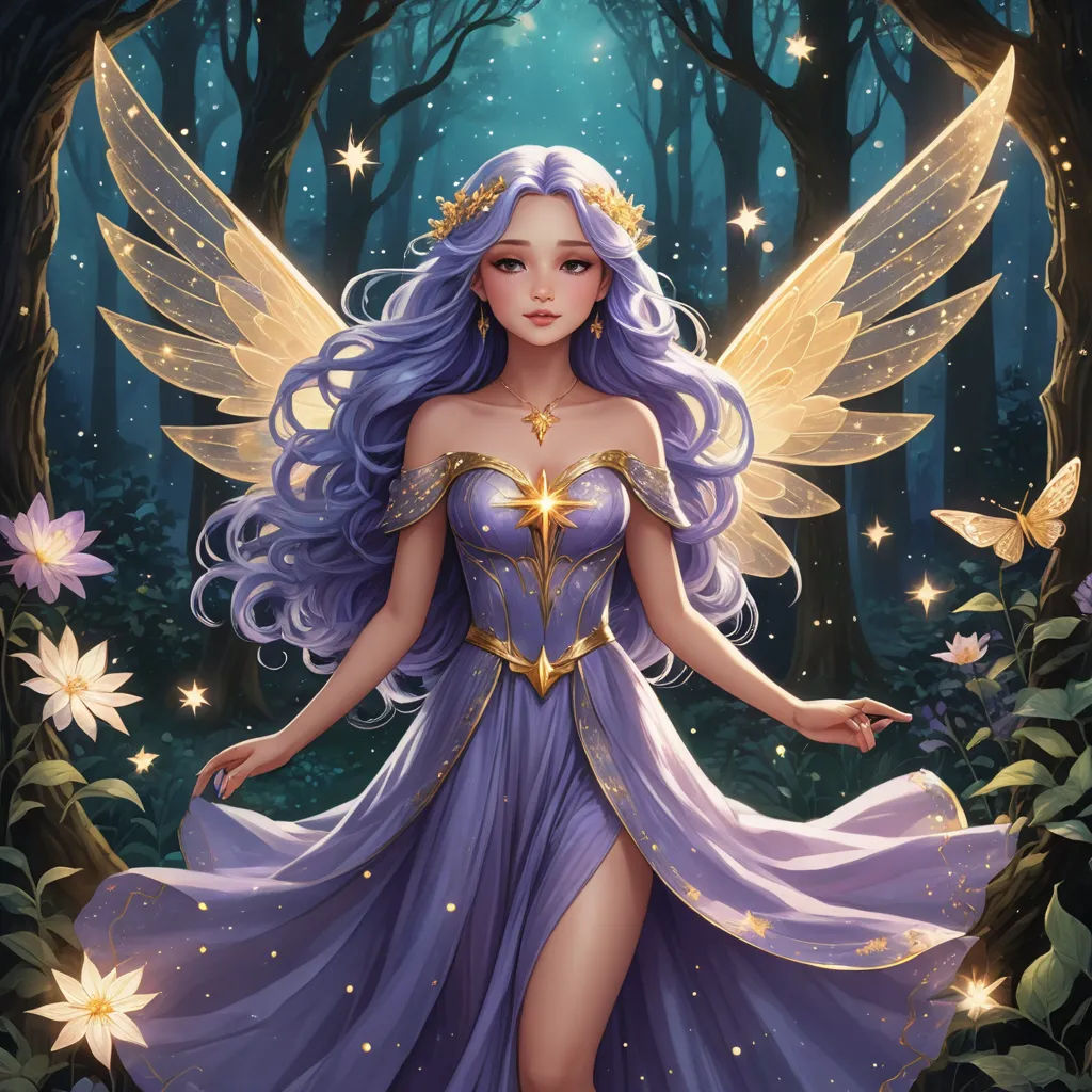a beautiful fairy with purple hair and wings in a forest with flowers and butterflies on her chest and a gold crown on her head, fantasy art, a detailed painting, Anne Stokes, fantasy artwork