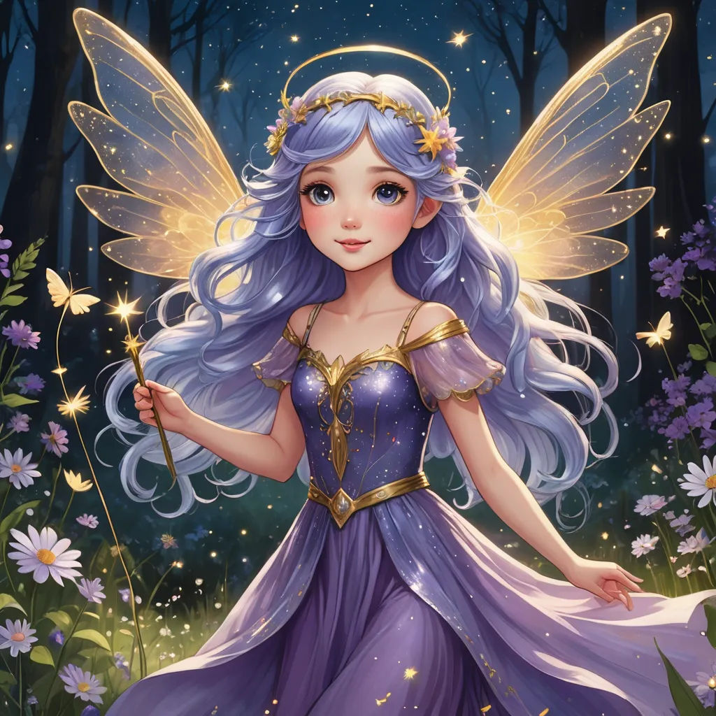 a fairy with a wand in her hand standing in a forest with flowers and butterflies around her, holding a wand, fantasy art, a detailed painting, Anne Stokes, fantasy artwork
