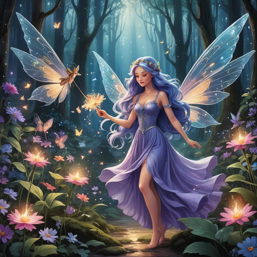 a fairy with a butterfly wand in her hand in a forest with flowers and butterflies around her, and a fairy holding a wand, fantasy art, a storybook illustration, Anne Stokes, fantasy artwork