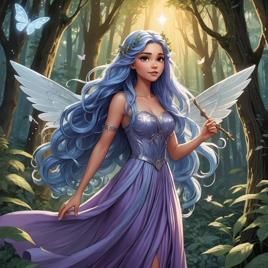a fairy with blue hair and a purple dress in a forest with butterflies on her wings and a wand, fantasy art, a storybook illustration, Anne Stokes, rossdraws global illumination