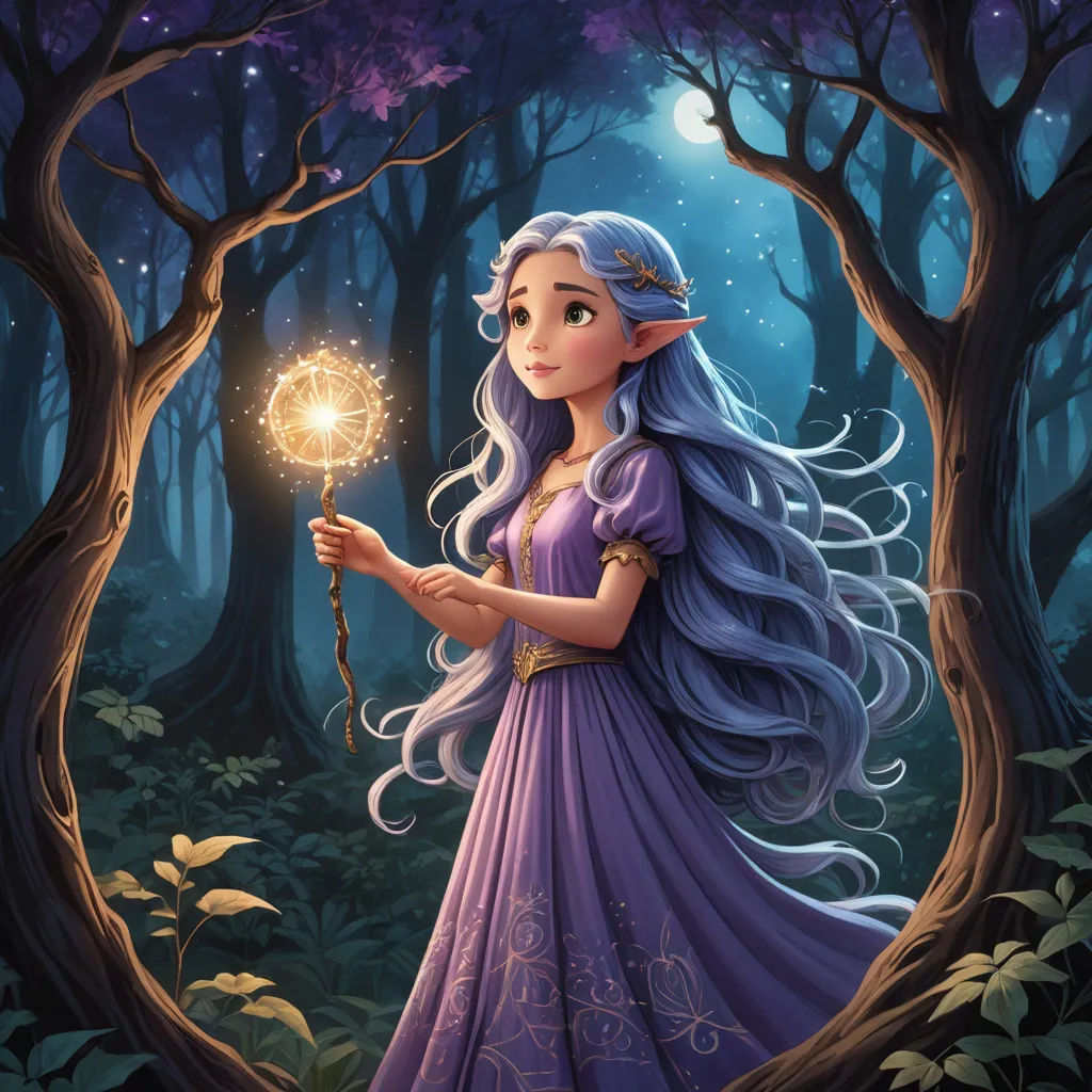 a painting of a girl holding a sparkler in a forest with trees and leaves around her, with a full moon in the sky, fantasy art, a storybook illustration, Anne Stokes, fantasy illustration
