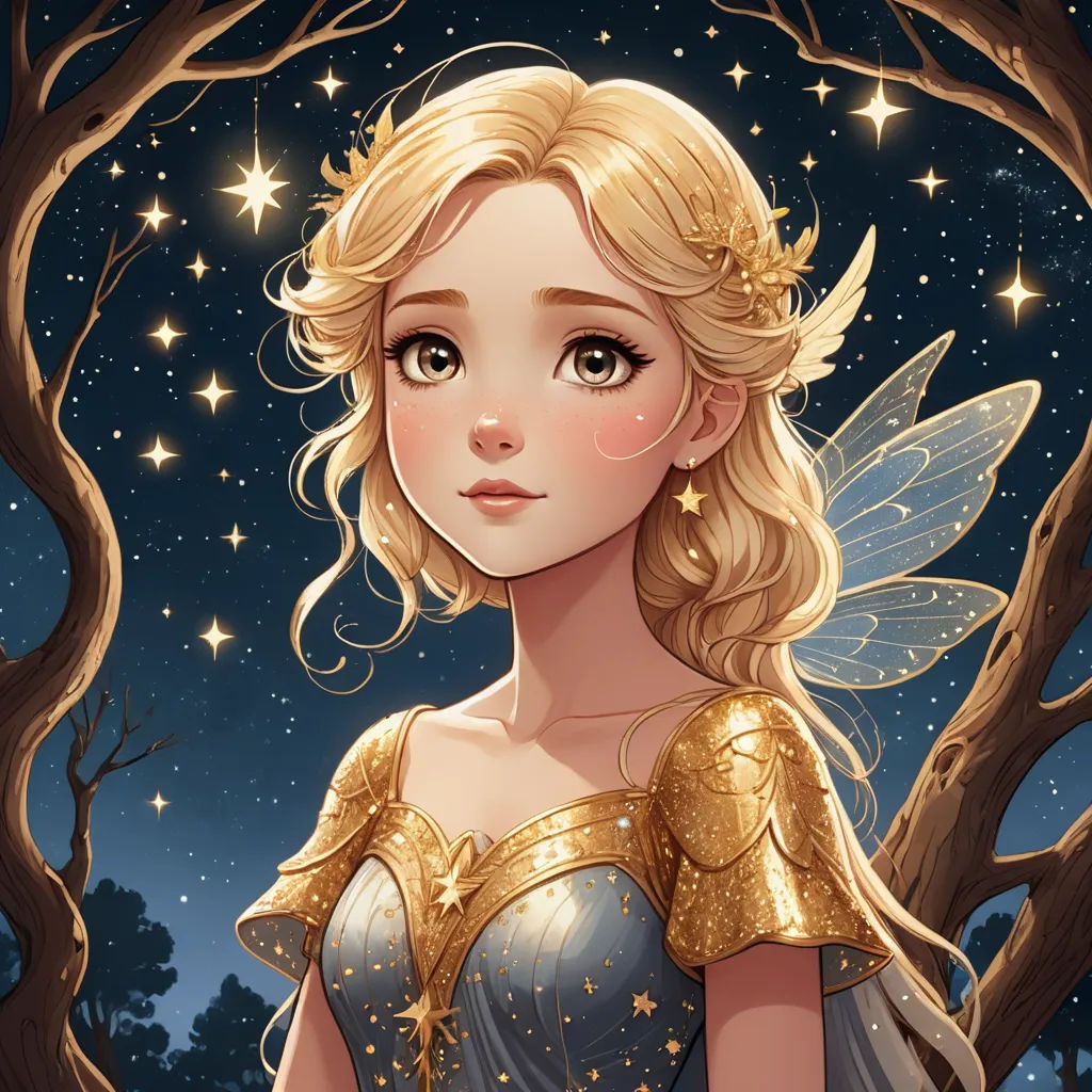 a cartoon of a blonde fairy with a blue dress and gold wings and a tree with stars in the background, fantasy art, a storybook illustration, Charlie Bowater, rossdraws global illumination