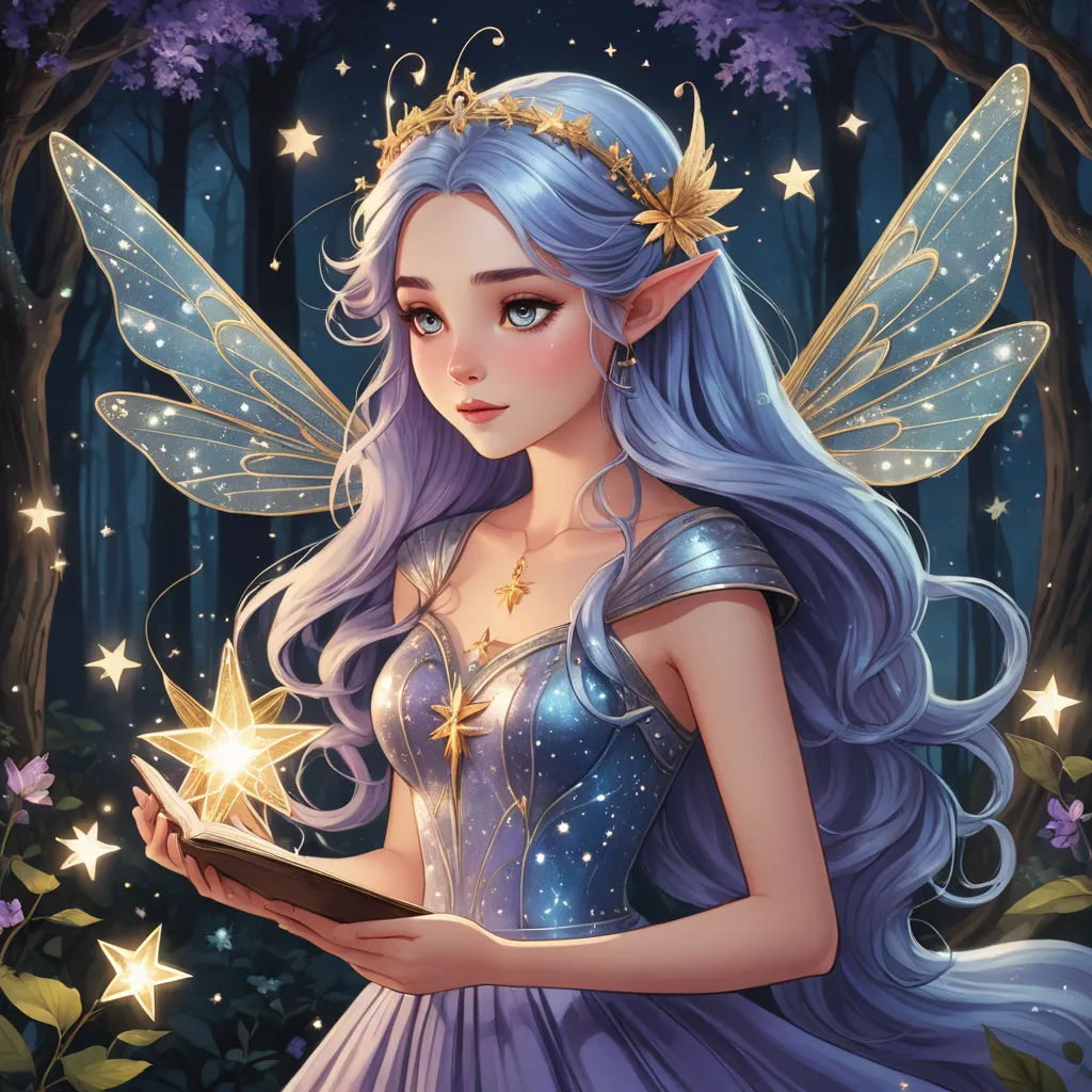 a fairy holding a book in a forest with stars on her head and a fairy dress on her body, fantasy art, a storybook illustration, Anne Stokes, fantasy artwork