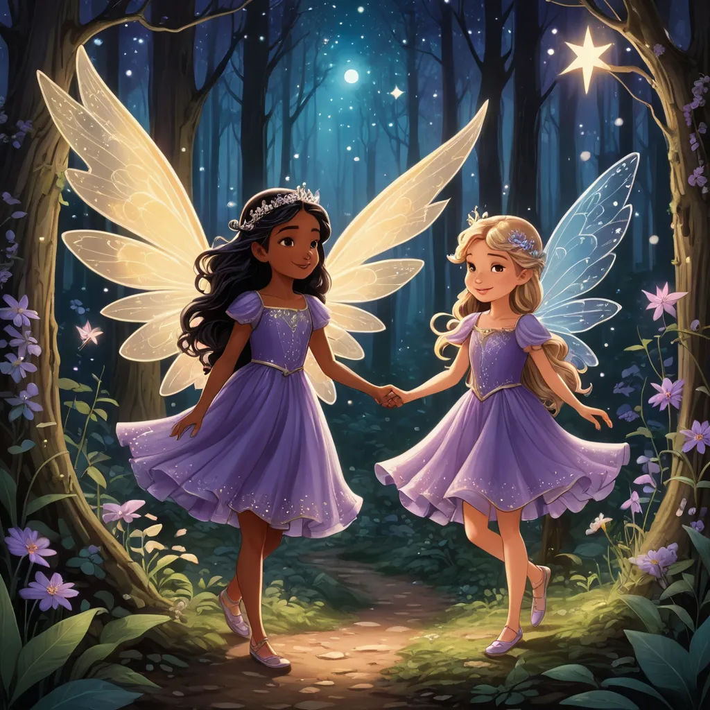 two little girls dressed in purple holding hands in a forest with stars and flowers on the trees and the moon, fantasy art, a storybook illustration, Cliff Childs, official art
