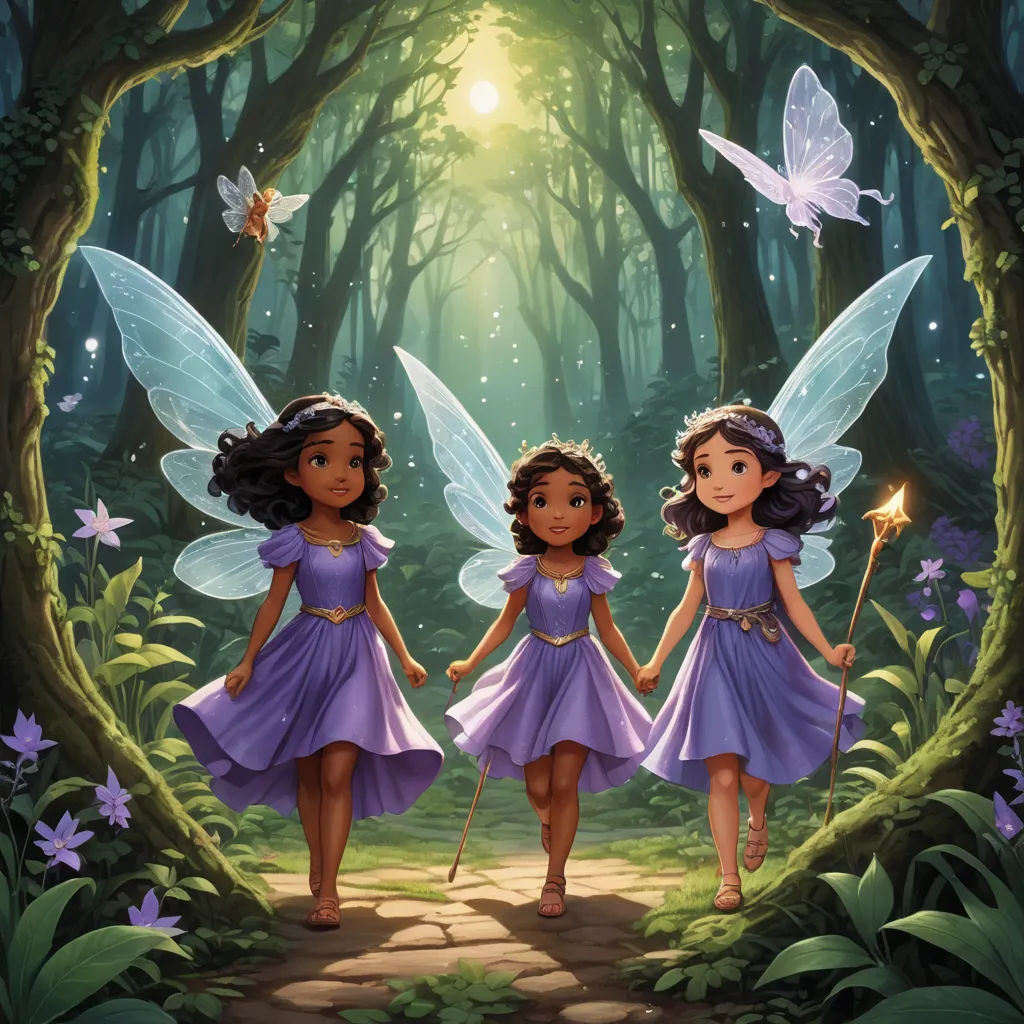 two girls in purple dresses holding hands in a forest with butterflies flying overhead and a light shining through the trees, fantasy art, a storybook illustration, Drew Struzan, official art