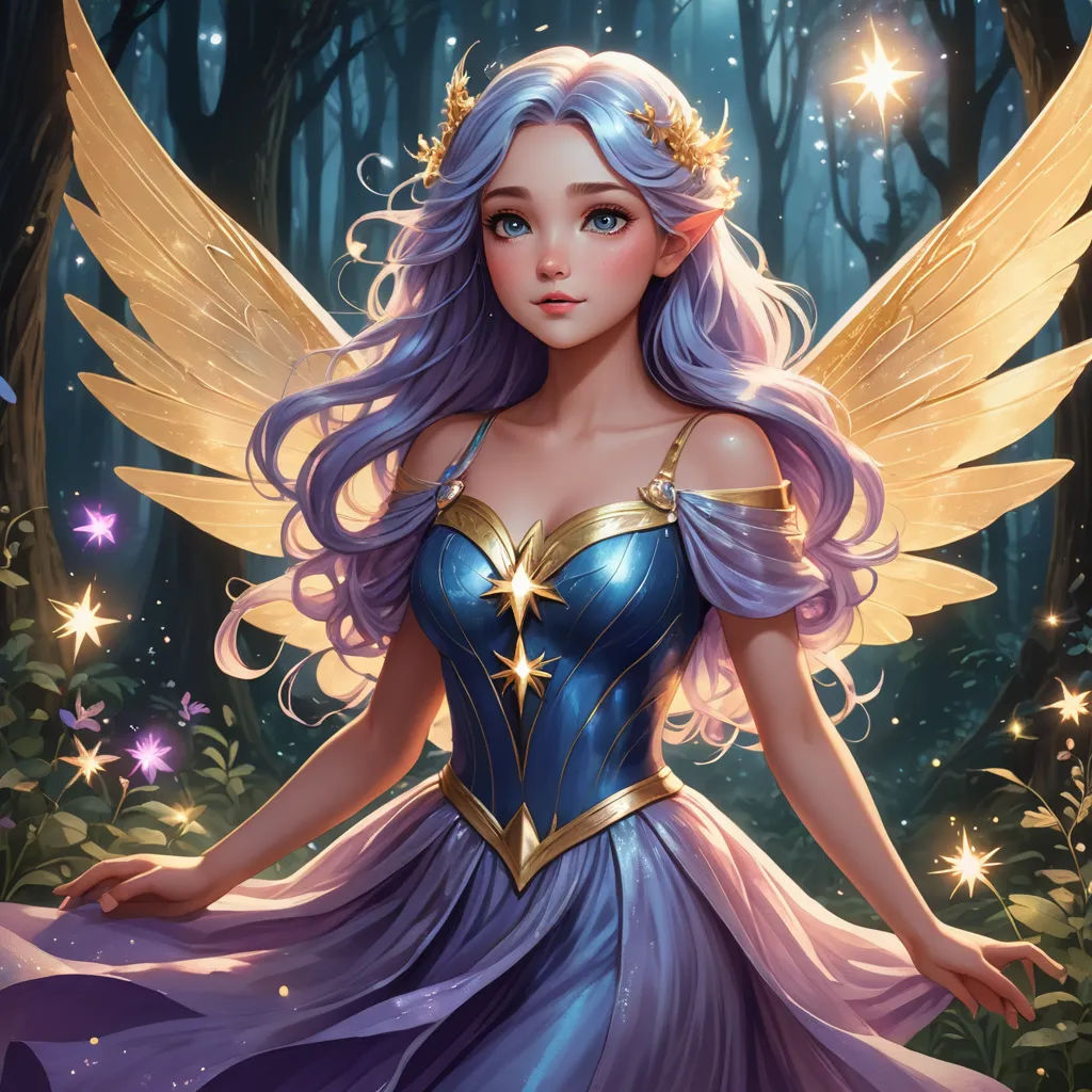 a beautiful fairy with purple hair and wings in a forest with stars and flowers on her chest and a blue dress, fantasy art, a detailed painting, Anne Stokes, rossdraws global illumination