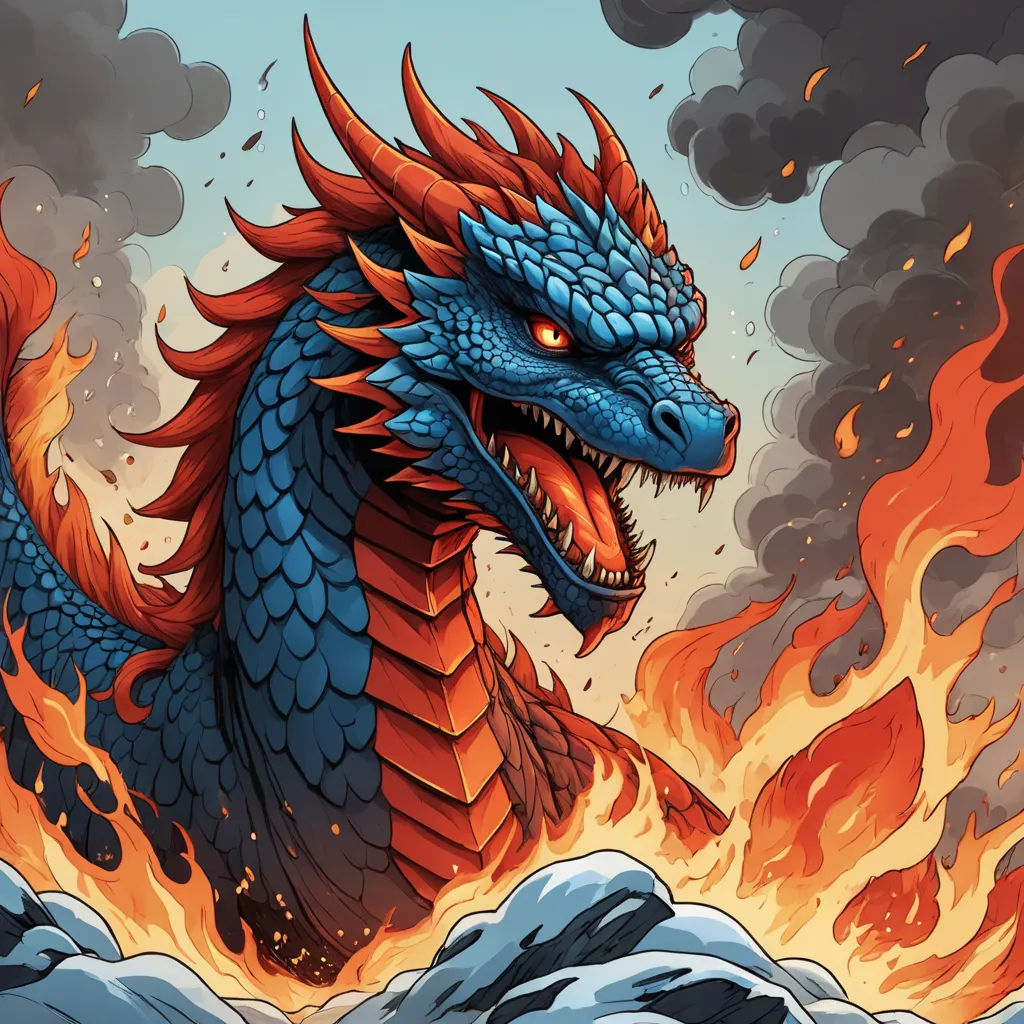 a blue dragon with red hair and orange eyes is in the midst of a fire and smoke cloud background, fantasy art, a comic book panel, Dan Mumford, josan gonzales and dan mumford