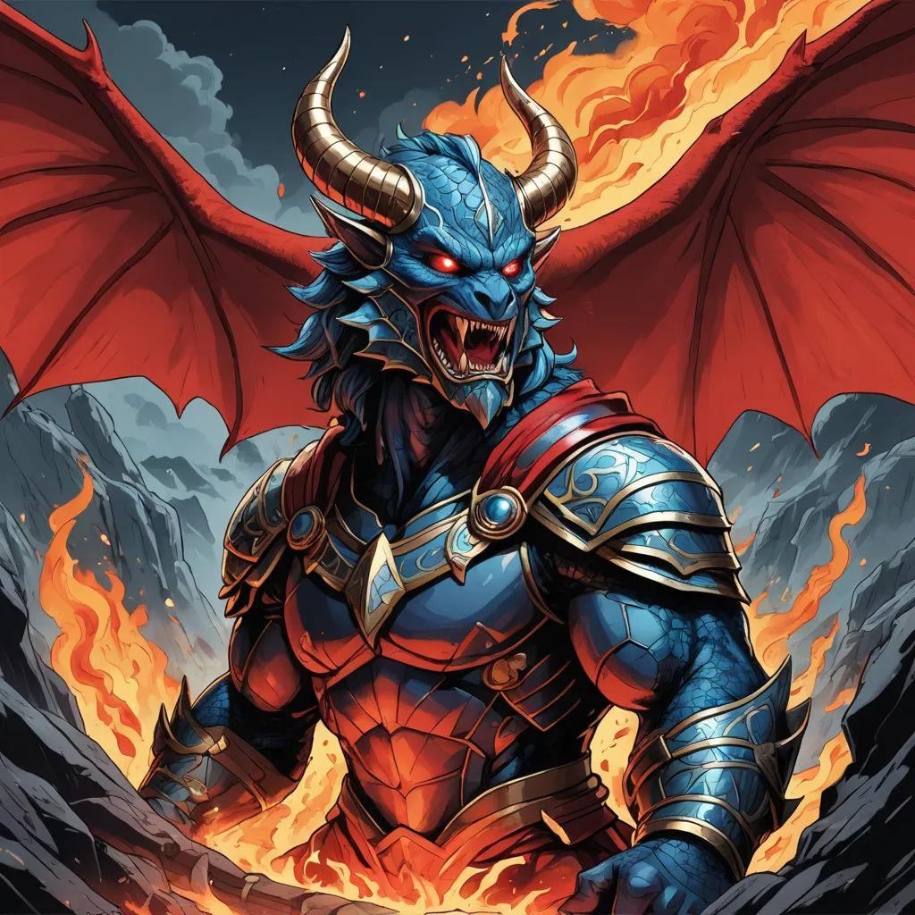 a blue dragon with red eyes and a red caper on his chest and a red caper on his chest, furry art, a comic book panel, Anne Stokes, magic the gathering artwork