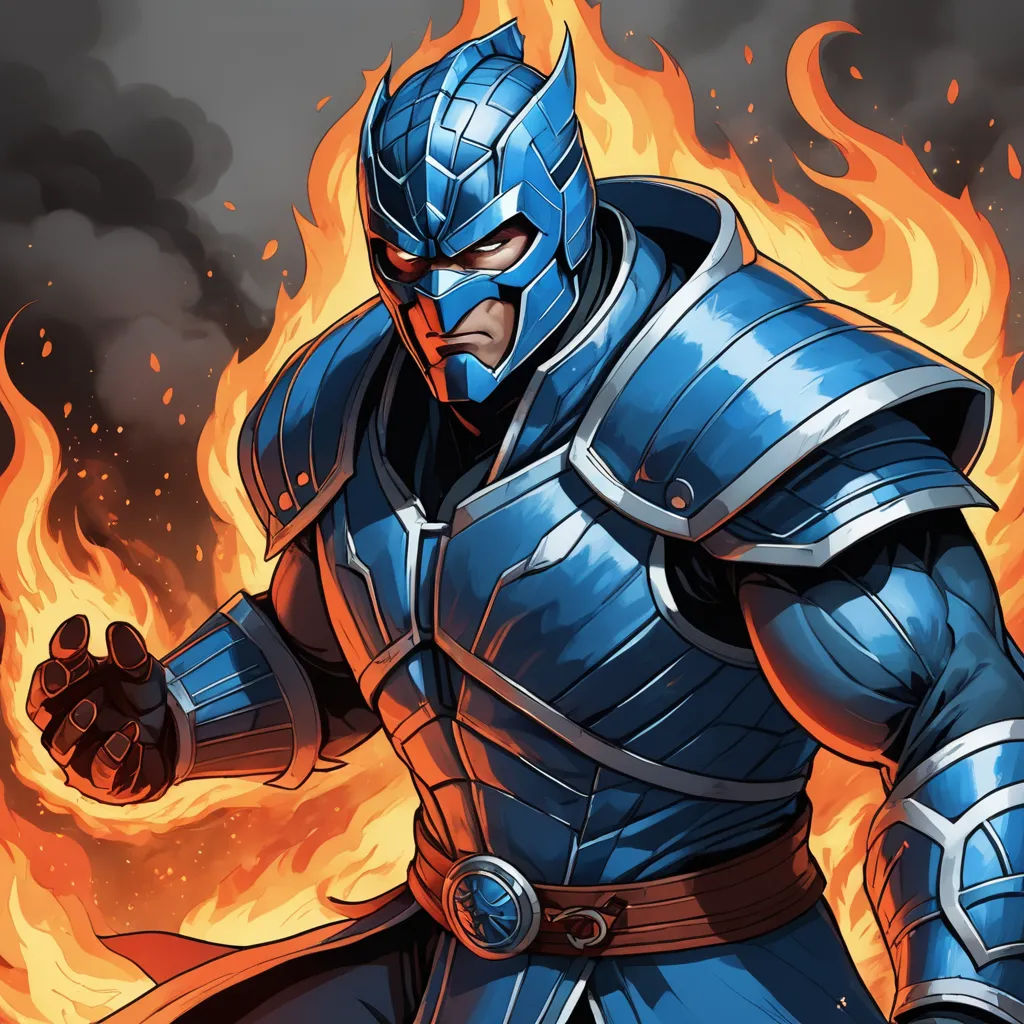 a man in a blue armor standing in front of a fire background with flames and flames behind him,, altermodern, a comic book panel, Cedric Seaut (Keos Masons), magic the gathering artwork