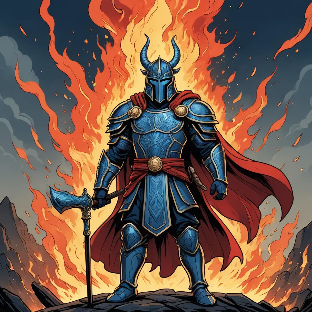 a man in a blue armor standing in front of a fire filled sky with a sword and a helmet on, fantasy art, concept art, Dan Mumford, josan gonzales and dan mumford