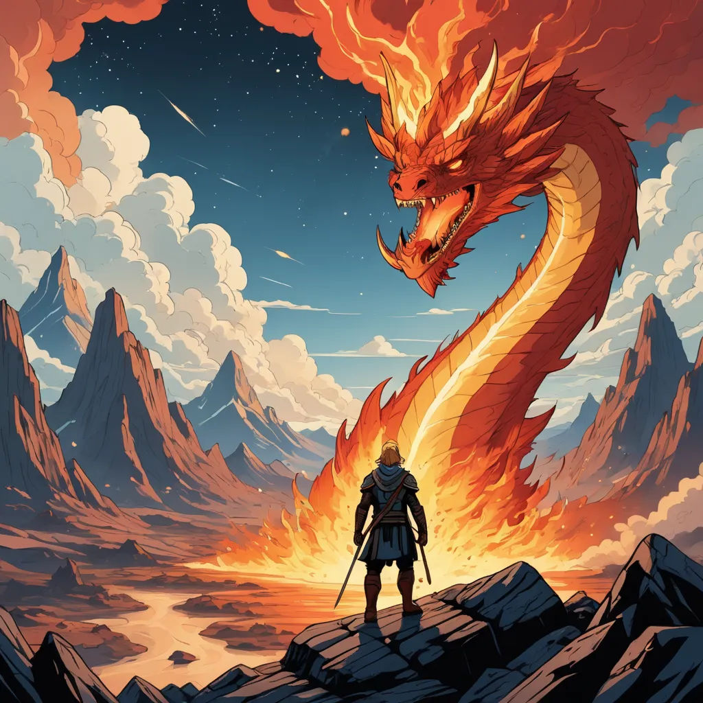 a man standing on a mountain top next to a dragon in the sky with a sword in his hand, fantasy art, poster art, Dan Mumford, josan gonzales and dan mumford