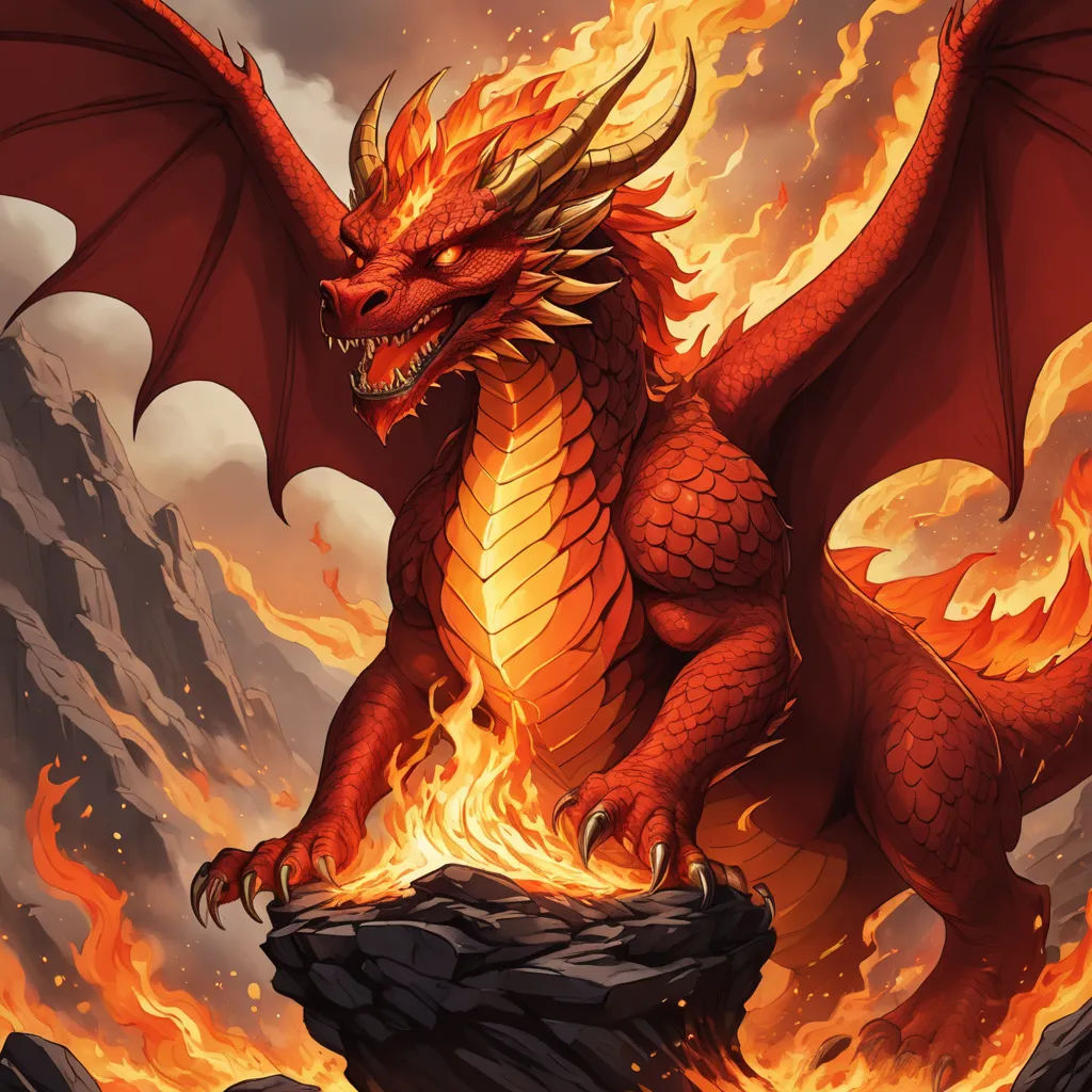 a red dragon sitting on top of a rock next to a fire filled sky with clouds and lavas, fantasy art, concept art, Anne Stokes, dragon art