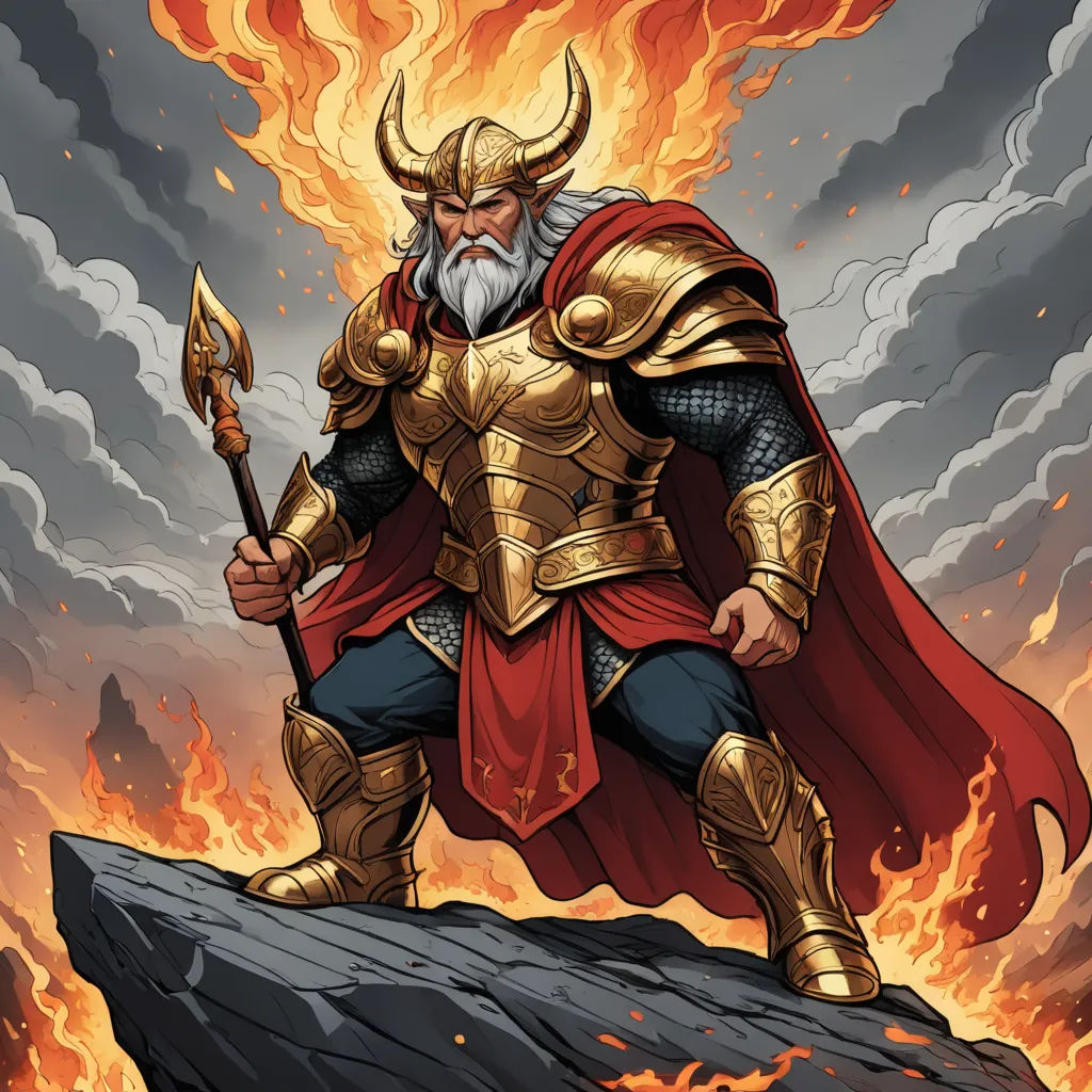 a man in a golden armor holding a sword and standing on a rock in front of a fire filled sky, fantasy art, concept art, Christophe Vacher, epic fantasy character art